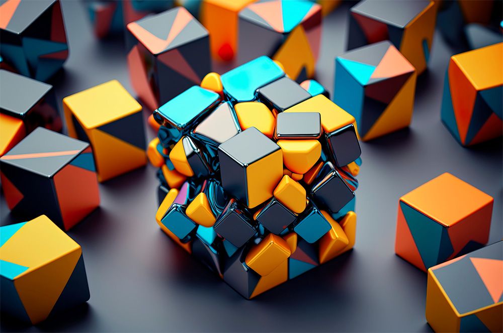 An abstract version of a rubix cube has been taken apart and squished back together.